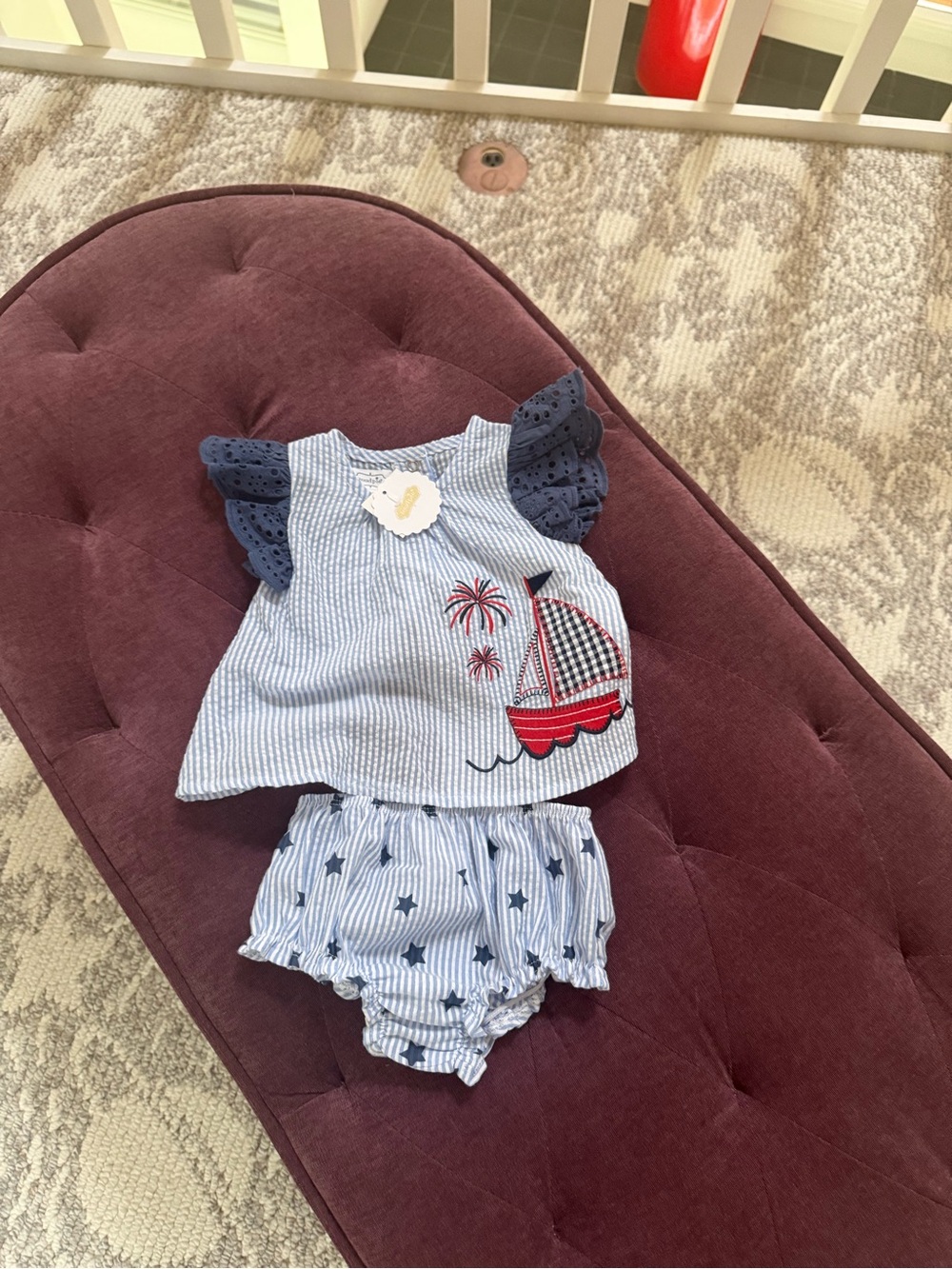 6-9M “Mud Pie” Baby Girls Navy & White Striped Sailboat Top and Bloomers Set NWT